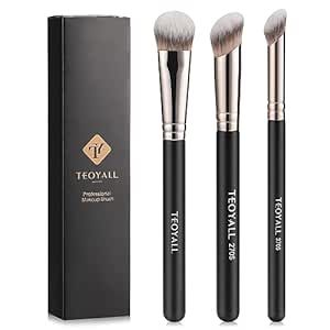TEOYALL Foundation Contour Conceal Brush Set, 3PCS Angled Synthetic Kabuki Brush for Blending Setting Buffing with Liquid, Cream and Powder Cosmetic (270S/370S/Angled)