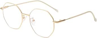WHHJM Polygon Blue Light Blocking Glasses for Women Men Retro Octagon Square Non-prescription Metal Frame Eyeglasses