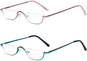 Half Reading Glasses - 2 Pairs Half Rim Metal Frame Glasses Spring Hinge Readers with Leather Pouch for Men and Women (Blue&Pink, 2.75)