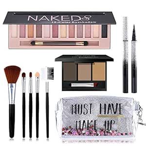 All in One Makeup Kit, Includes 12 Colors Naked Eyeshadow Palette, 5Pcs Makeup Brushes, Waterproof Eyeliner Pencils, Eyebrow Powder and Quicksand Cosmetic Bag, Gift Set for Women, Girls & Teens
