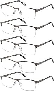 EYECEDAR 5-Pack Reading Glasses Men Blue Light Blocking Half frame Rectangle Style Metal Grey Spring Hinges Readers 2.00