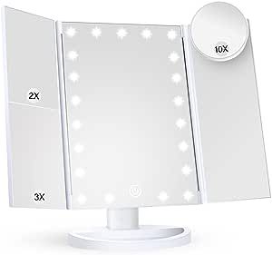 HUONUL Makeup Mirror Vanity Mirror with Lights, 2X 3X 10X Magnification, Lighted Makeup Mirror, Touch Control, Trifold Makeup Mirror, Dual Power Supply, Portable LED Makeup Mirror, Women Gift (White)