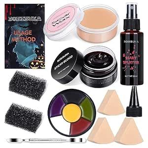 BOBISUKA Demonic Special Effects SFX Halloween Makeup Kit - 5 Colors Bruise Makeup Face Body Painting Palette + Scar Wax with Spatula Tool + Fake Blood Splatter Spray + Fake Blood Cream +Stipple Spong