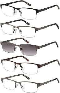 EYECEDAR 5-Pack Reading Glasses for Men Women Metal Half-Frame Square Style Spring Hinges Reading Sunglasses Eyeglasses Readers 1.50