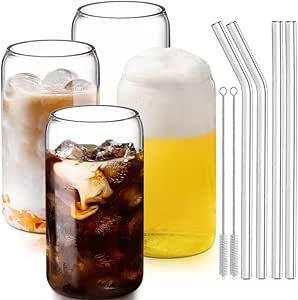 Ice Coffee Cup16oz,Beer Cup Drinking Glasses with Glass Straw 4pcs-DWTS Beer Glasses Cute Glass Cups with Cleaning Brushes/Coasters