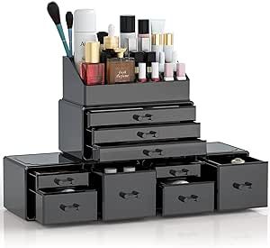 DreamGenius Makeup Organizer 4 Pieces Acrylic Makeup Storage Box with 9 Drawers for Lipstick Jewerly and Makeup Brushes, Stackable Vanity Oragnizer for Dresser and Bathroom Countertop, Black