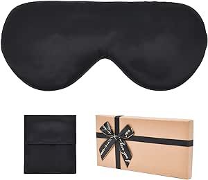 Silk sleeping mask, light proof sleep mask, 100% mulberry silk eye mask with elastic strap, wide coverage, skin-friendly, super soft, breathable, feathery, plane sleep, gift package(black)