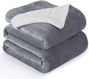 NANPIPER Flannel Blanket Reversible Sherpa Throw Blanket Super Soft Plush Warm Fleece Microfiber (90"x90",Light Gray) Queen