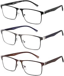CRGATV 3-Pack Reading Glasses for Men Blue Light Filtering Full Frame Metal Readers Anti Uv/Eye Strain/Glare (+1.25 Magnification Strength)