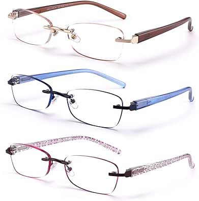 FEIVSN 3-Pack Rimless Reading Glasses For Women, Lightweight Spring Hinge Readers, Classic Elegant Artistic Eyeglasses UV 400