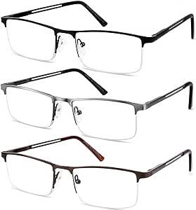 JJWELL 3 Pack Blue Light Reading Glasses for Men, Lightweight Metal Rectangle Semi Rimless Readers for Men, Anti Eyestrain/Computer Glare/UV, Half Frame Spring Hinge Eyeglasses with Pouches