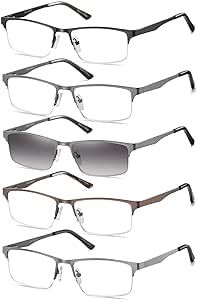 EYECEDAR 5-Pack Reading Glasses for Men Metal Half-Frame Rectangular Style Spring Hinges Reading Sunglasses Eyeglasses Readers 2.00
