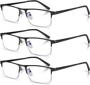 Anourney 3-Pack Reading Glasses for Men, Lightweight Metal Half Frame Blue Light Blocking Computer Readers,Filter UV Ray/Computer Glare with Spring Hinge Eyeglasses(3PCS Black,+2.0)