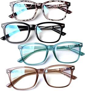 Henotin 4-Pack Blue Light Blocking Reading Glasses Women Men,Spring Hinge Computer Readers,Anti UV Ray Square Nerd Eyeglasses (4-pack Mix Color, 0.50)