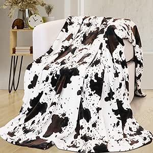 Fleece Cow Print Throw , Super Soft Flannel Cozy Fuzzy Cow Blankets for Adults, Lightweight for Couch Sofa Bed Office, Throw Size Warm Plush Blankets for All Season 50"?60"