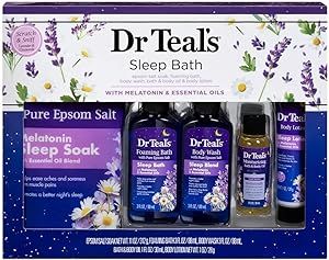 Dr Teal's Melatonin 5-Piece Bath Gift Set - Give the Gift of Better Sleep - Contains 11 oz Sleep Soak, 3 oz Sleep Bath, 3 oz Body Wash, 1 oz Body Oil, & 1 oz Lotion - At Home Spa Kit - Pure Epsom Salt