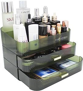 Makeup Organizer with 2 Drawers, Cosmetics Organizer for Bedroom and Bathroom Vanity Countertops, Large Capacity Cosmetic Storage Box for Skincare Cream Perfume Lipstick Dresser Counter-Green