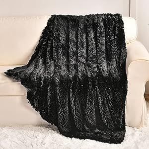 YUSOKI Black Faux Fur Throw Blanket,2 Layers,50" x 60", Soft Fuzzy Fluffy Plush Furry Comfy Warm Cozy Blanket for Couch Bed Chair Sofa Bedroom Mens Gift