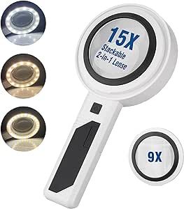 Magnifying Glass with 30 LED Lights, Handheld Magnifying Glass, Detachable Combined Dual Lens 3 Color Light Modes Magnifier for Seniors Reading Small Prints, Books, Map, Coins