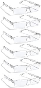 Boost Eyewear 6 Pack Reading Glasses, Clear Half Rim Frames, for Men and Women, with Comfort Spring Loaded Hinges, Clear, 6 Pairs (+2.00)