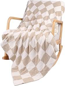 QQP Checkered Throw Blanket,Soft Cozy Microfiber Reversible Checkerboard Fluffy Blanket for Home Bed Couch., 50X60In(Camel&White)