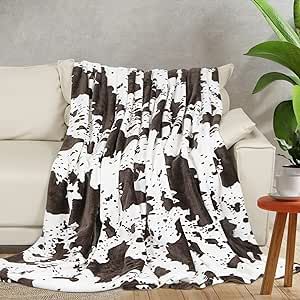 Brown Cow Print Throw Blanket, Soft Flannel Cozy Cow Blankets for Adults, Lightweight Fuzzy Cow Print Blanket for Couch Sofa Bed Office, Throw Size Warm Plush Blankets for All Season 50x60 inches