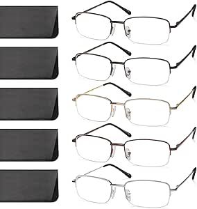 NOVIVON 5 Pack Reading Glasses for Men, Metal Blue Light Blocking Readers with Spring Hinges, Anti Eye Strain Eyeglasses (Gunmetal*2, Gold, Silver, Brown, 3.0)