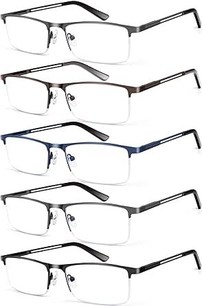 KONHAGO Blue Light Blocking Reading Glasses for Men, Half Frame Metal Readers Spring Hinge Eyeglasses Anti Eyestrain/Glare/UV