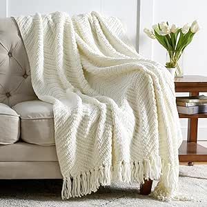 Bedsure Throw Blanket for Couch – Cream White Versatile KnitWoven Chenille Blanket for Chair – Super Soft, Warm & Decorative Blanket with Tassels for Bed, Sofa and Living Room (Ivory, 50 x 60 inches)