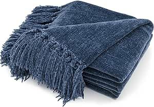 RECYCO Throw Blanket Soft Cozy Chenille Throw Blanket with Fringe Tassel for Couch Sofa Chair Bed Living Room Gift (Blue, 50'' x 60'')