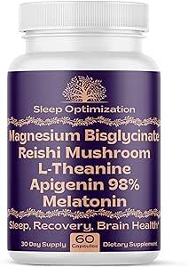 Magnesium Bisglycinate 500mg Reishi Mushroom 350mg L Theanine 300mg Apigenin 50mg Melatonin 3mg - Sleep Aid Magnesium Supplement for Sleep Support, Brain Health, Memory, Recovery - Made in The USA