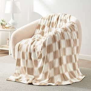 Cozy Bliss Beige Checkered Throw Blanket Ultra Soft Warm MilkyPlush™ Fleece Blanket Checkerboard Grid Plush Blanket for Couch Bed Sofa, Beige 50"x60"