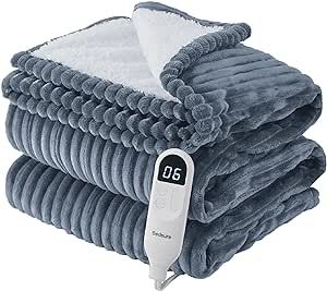 Bedsure Heated Blanket Electric Twin - Soft Ribbed Flannel, Fast Heating Electric Blanket with 6 Heating Levels & 10 Time Settings, 8 Hours Auto-Off (62x84 inches, Grey)