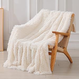 Decorative Extra Soft Fuzzy Faux Fur Shaggy Throw Blanket 50" x 60",Solid Reversible Lightweight Long Hair,Fluffy Cozy Plush Comfy Microfiber Fleece Blankets for Couch Sofa Bedroom,Cream White