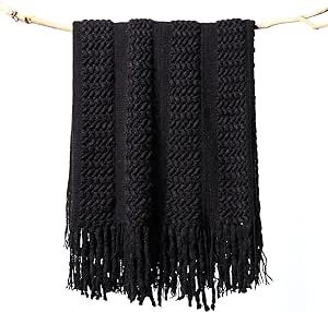 lifein Fall Black Throw Blanket for Couch - Soft Knit Farmhouse Boho Throws, Cozy Knitted Small Lightweight Blankets & Throws with Tassels for Home Decor,Bed,Chair,Sofa (Black, 50 * 60in)