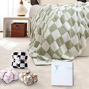 GCQC Checkered Throw Blanket, Knitted Checkerboard Grid Warmer Comfort Shaggy Soft Cozy Fuzzy Bed Best Gifts for Mom Women Blanket with Box for Home Chair Sofa Couch Camping Travel