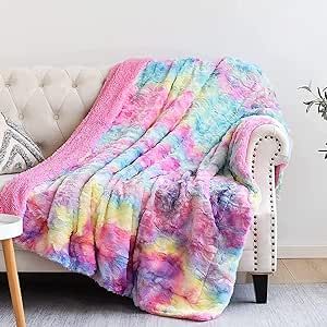NEWCOSPLAY Super Soft Faux Fur Throw Blanket Premium Sherpa Backing Warm and Cozy Throw Decorative for Bedroom Sofa Floor (Dark Rainbow, Throw(40"x50"))