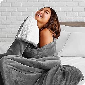 Bare Home Sherpa Fleece Blanket - Full/Queen Blanket - Blanket for Bed, Sofa, Couch, Camping and Travel - Warm & Lightweight - Fluffy & Soft Plush Blanket - Reversible (Full/Queen, Grey)