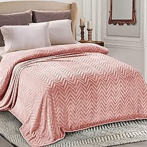Whale Flotilla Flannel Fleece Queen Size Bed Blanket, Soft Velvet Lightweight Bedspread Plush Fluffy Coverlet Chevron Design Decorative Blanket for All Season, 90x90 Inch, Pink