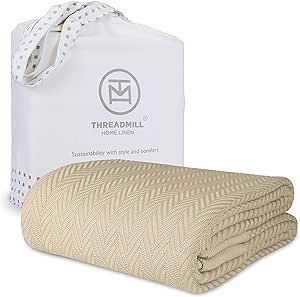 Threadmill Luxury Blankets for King Size Bed | All-Season Cozy 100% Cotton Blanket | Herringbone Soft & Lightweight Fall Thermal Blanket fits California King Size Bed, 104x92 | Beige