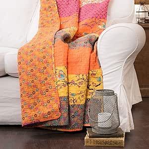 Lush Decor Royal Empire Throw - Floral Stripe Reversible Design Blanket - 60” x 50”, Tangerine
